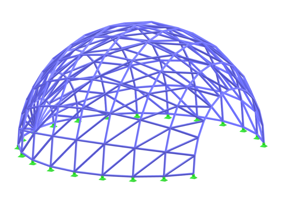 L'immagine rappresenta un'analisi strutturale di una cupola geodetica utilizzando il metodo degli elementi finiti all'interno di un software di ingegneria.