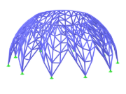 Struttura a guscio semisferico formata da aste curve che mostrano geometria complessa ed elementi di design utilizzando un software ingegneristico avanzato.