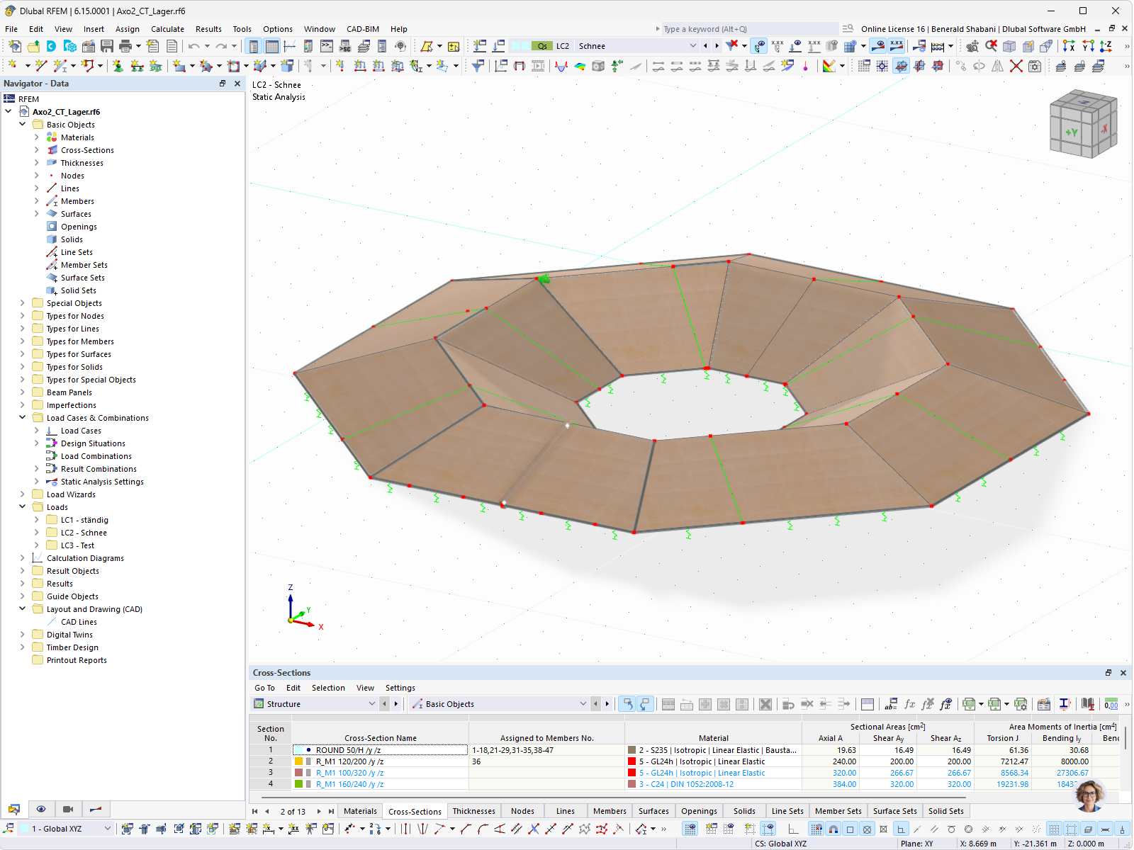 Modello di una struttura della copertura in legno lamellare incrociato creato con RFEM. Mostra i dettagli della struttura di supporto.