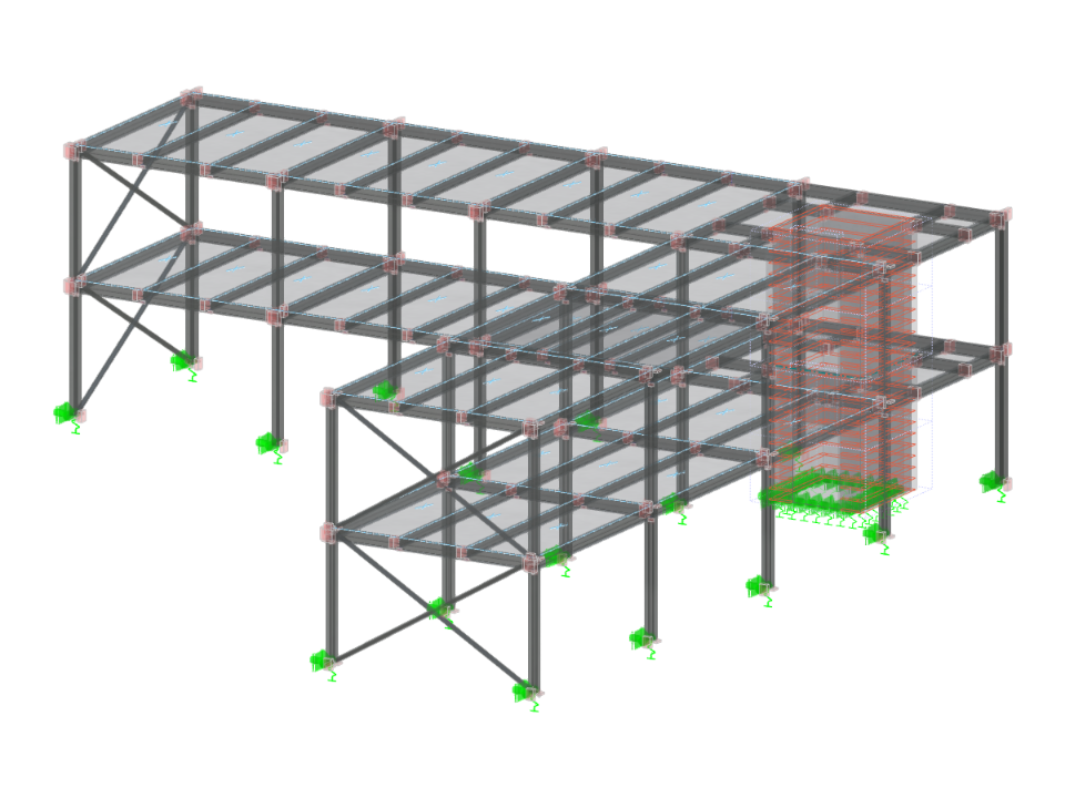 L'immagine illustra il progetto strutturale di un edificio sanitario ottimizzato per i requisiti specifici di una sala risonanza magnetica, mostrando i dettagli della costruzione composita.