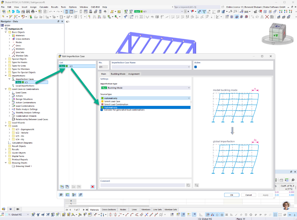 Determinazione automatica delle imperfezioni geometriche equivalenti in RFEM e RSTAB.
