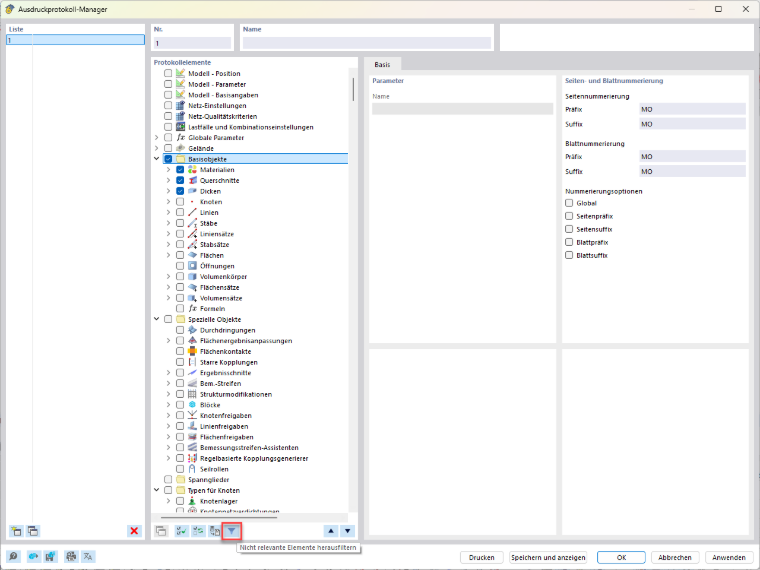 Vista del Gestore della relazione di calcolo per la configurazione delle relazioni con voci di relazione selezionate e filtro disattivato per gli elementi non rilevanti.