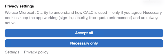 Impostazioni sulla privacy di CALC — „Solo necessari“ è sufficiente per la connessione a RFEM.