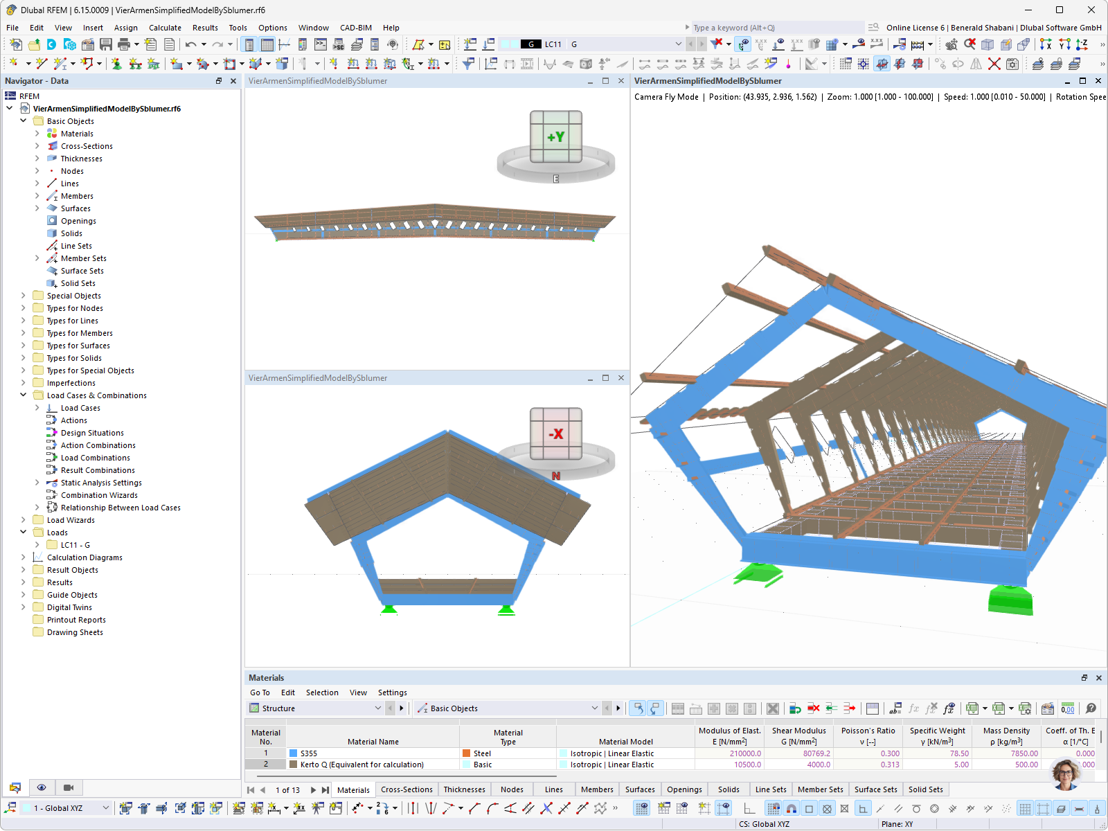 Ponte ciclopedonale in legno come modello 3D in RFEM con strutture a telaio, superfici e definizione del materiale acciaio S355