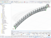 Modello 3D RFEM di un ponte pedonale curvo in acciaio in Italia con travi di traliccio e ringhiere