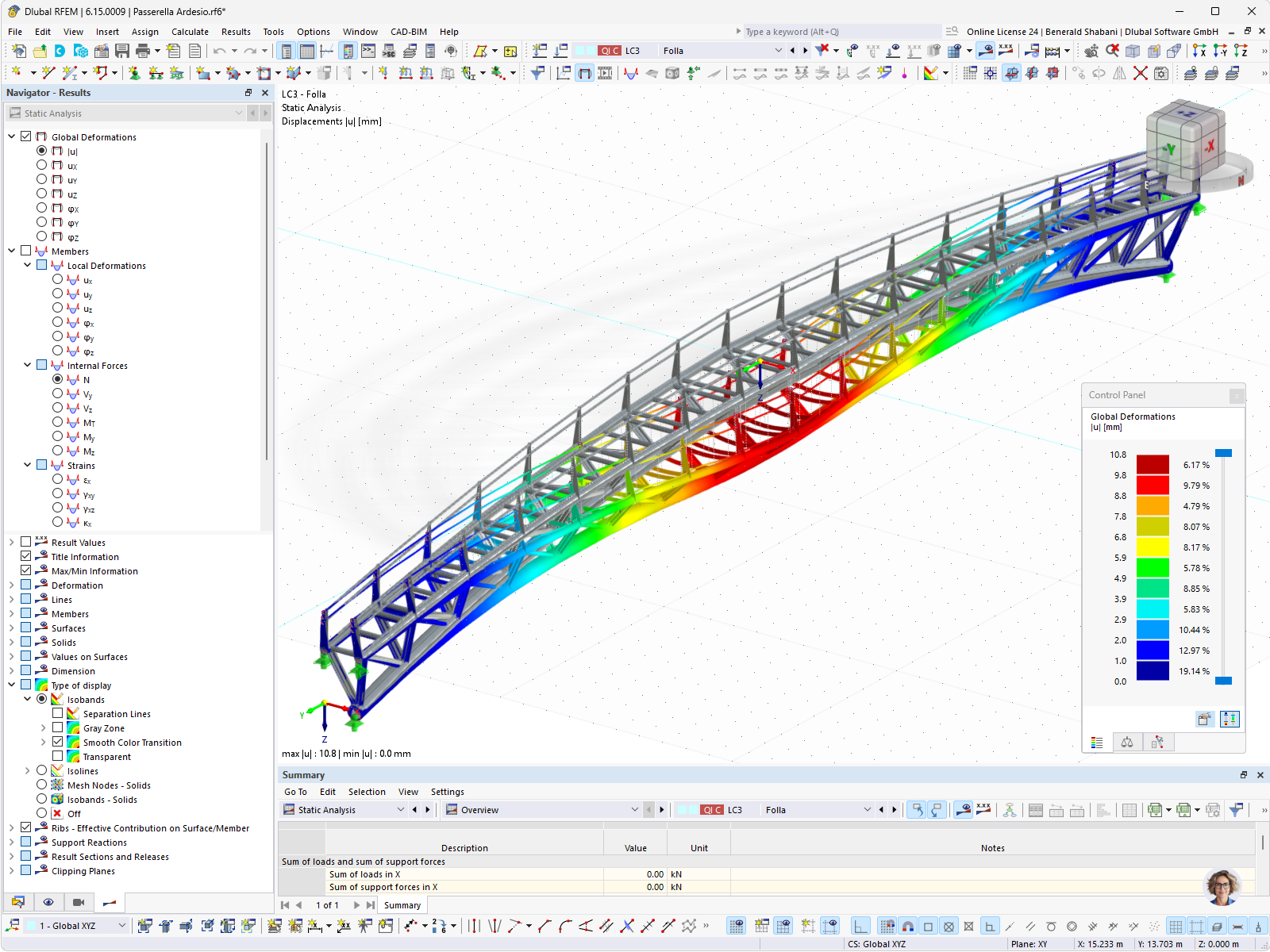 Visualizzazione dei risultati RFEM delle deformazioni di un ponte pedonale curvo in acciaio sotto carichi utili