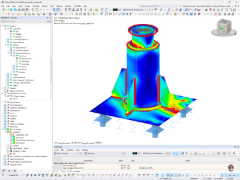 Visualizzazione dei risultati in RFEM delle tensioni equivalenti di von Mises alla base della colonna di una struttura in acciaio.