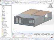 Modello 3D dell'edificio della mensa della scuola elementare di Otzenrath in costruzione ibrida con soffitto in legno e pareti in calcestruzzo, creato in RFEM con Navigatore, casi di carico e lista dei materiali.