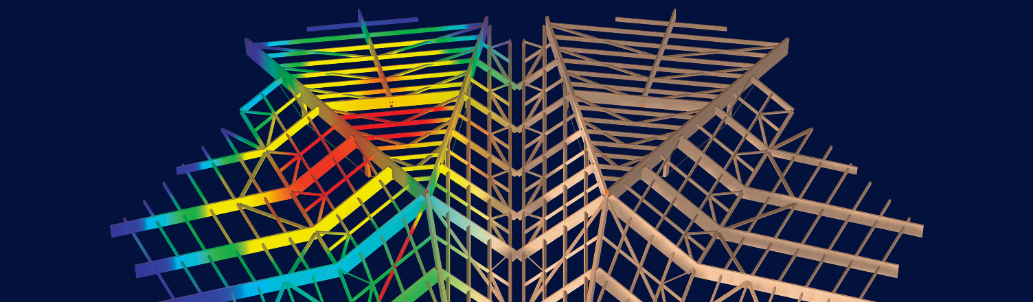 Modello tridimensionale di un edificio a più piani in legno massiccio con pareti CLT e struttura del tetto in legno che mostra distribuzioni dei risultati colorate sugli elementi di superficie.