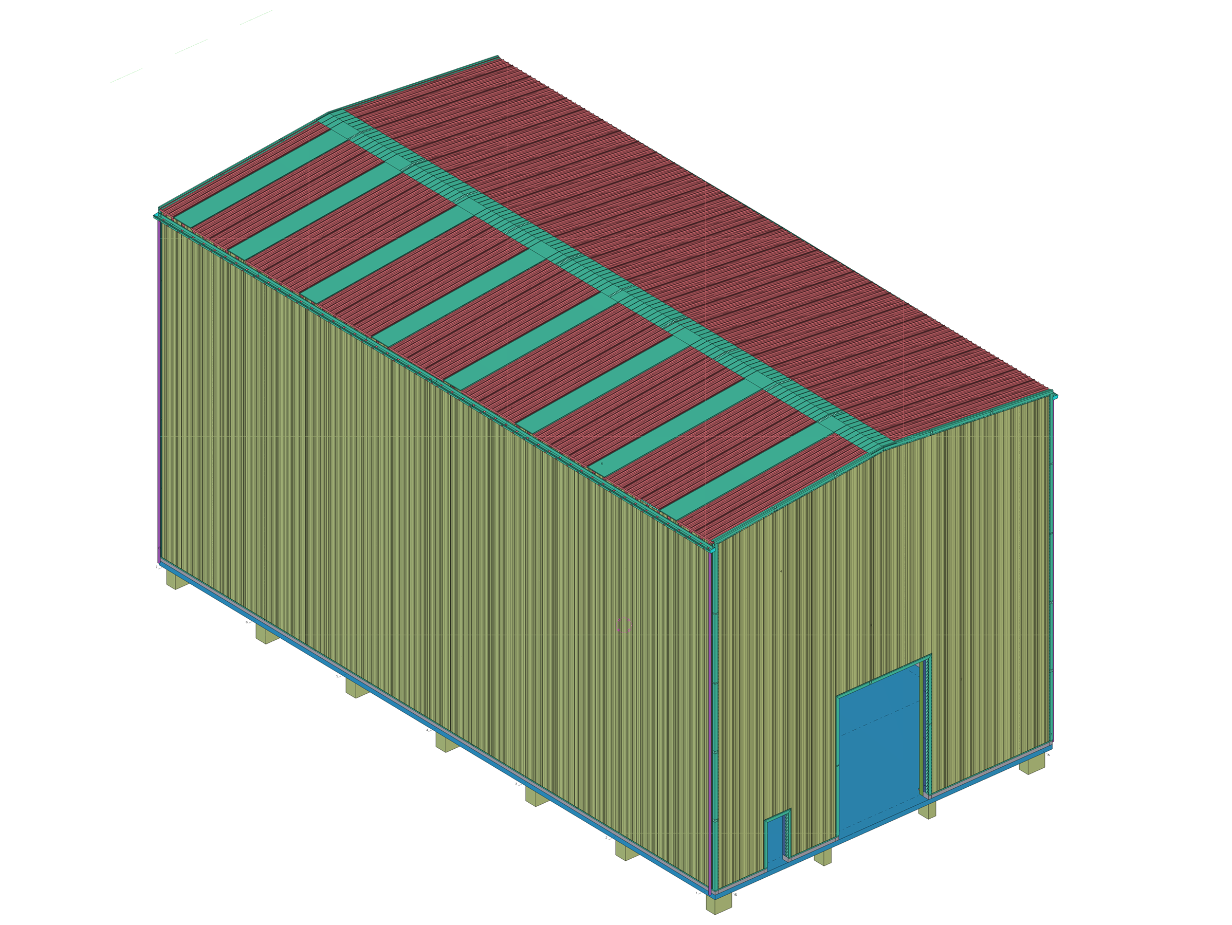 Modello 3D di capannone industriale in metallo con tetto a 2 falde, pannelli di facciata trapezoidali e telai in acciaio per progetto di fine master.