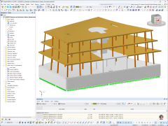 Modello RFEM dell'edificio residenziale e commerciale di Uetikon am See con colonne in legno, diaframmi rigidi e pareti del seminterrato