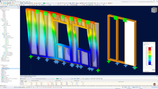 Parete con pannelli di legno con apertura per parete a taglio analizzata in RFEM 6 con deformazioni globali colorate, membri panel di travi, supporti delle giunzioni e una tabella dei risultati per le verifiche strutturali di pareti e solai.