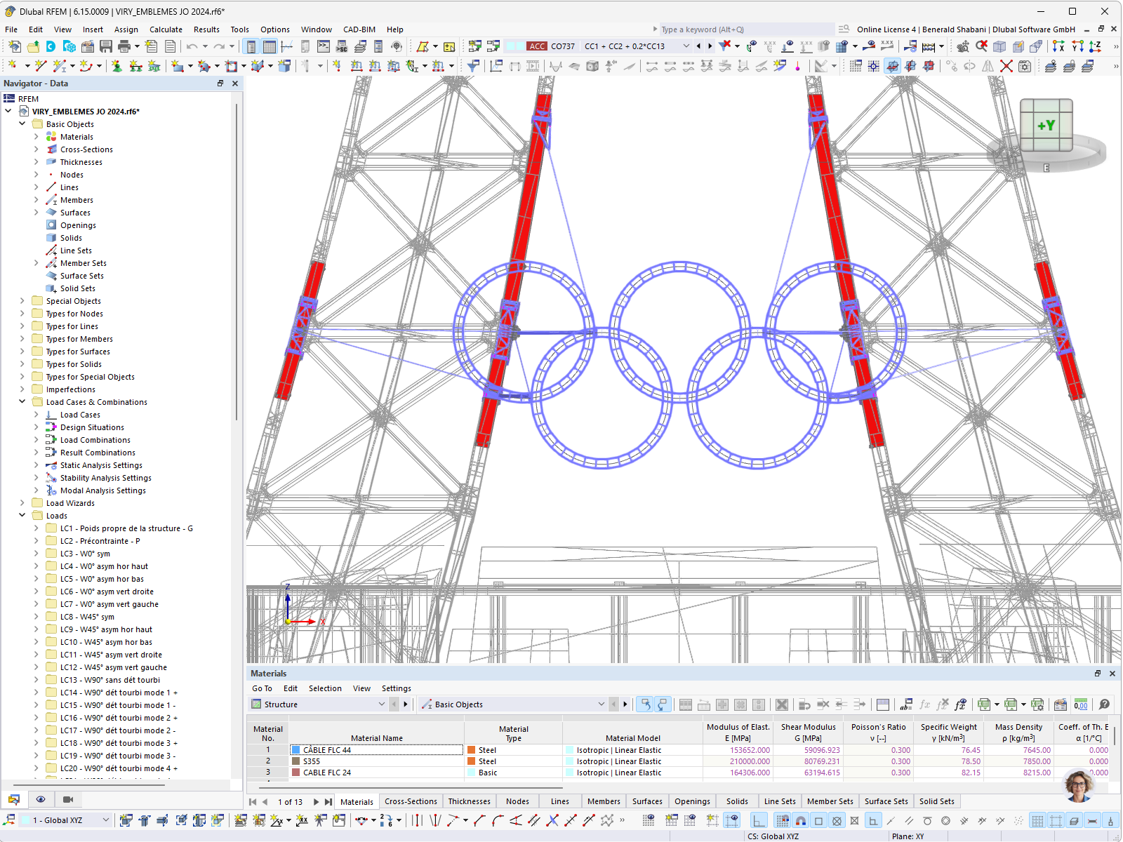 Modello RFEM degli anelli olimpici davanti alla Torre Eiffel a Parigi con struttura portante e aste in acciaio