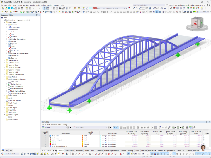 Modello RFEM di un ponte ad arco in acciaio con archi, ganci, travi principali composte e impalcato in calcestruzzo