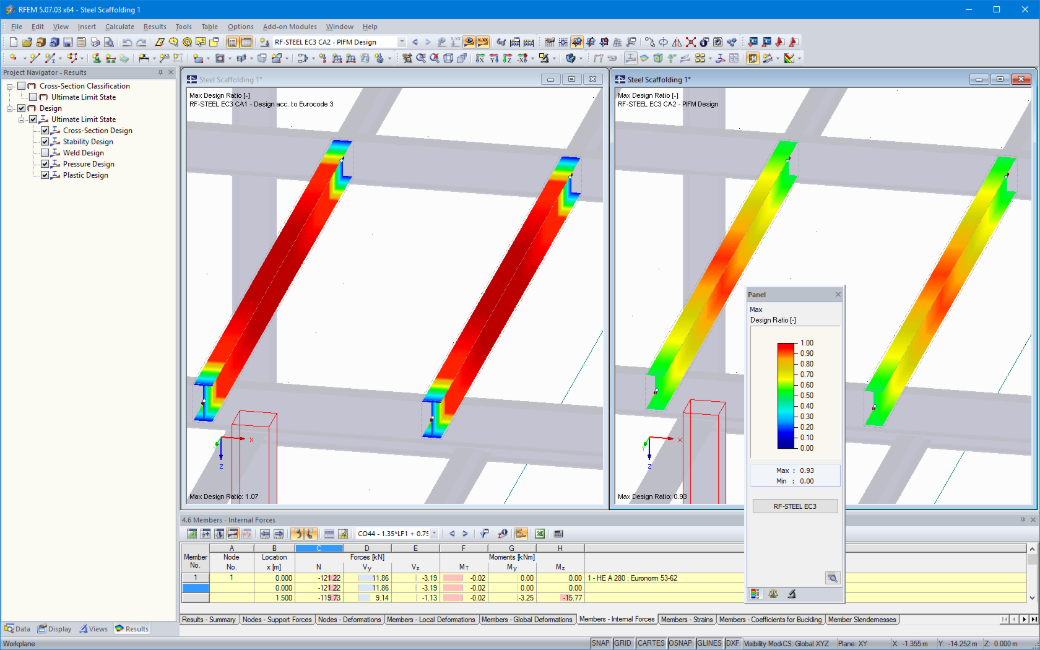 Wymiarowanie stali w RFEM bez (po lewej) iz (po prawej) RF-STEEL Plastyczność