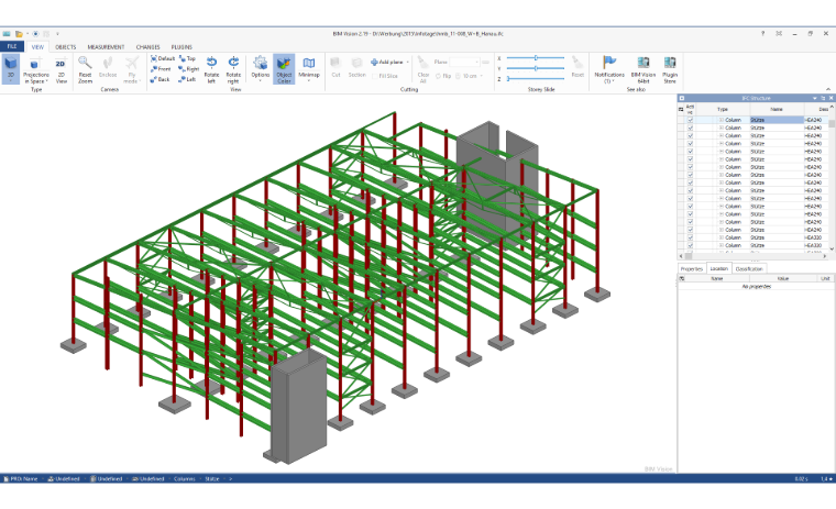 Wizualizacja modelu BIM w przeglądarce z opcją wyświetlania przekrojów, materiału i wymiarów