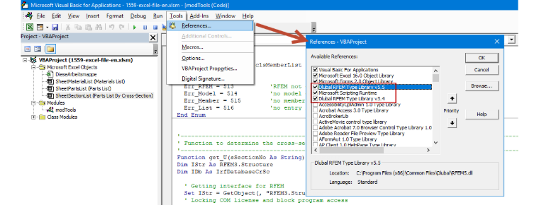 Zintegruj biblioteki typów Dlubal RFEM i Microsoft Scripting Runtime