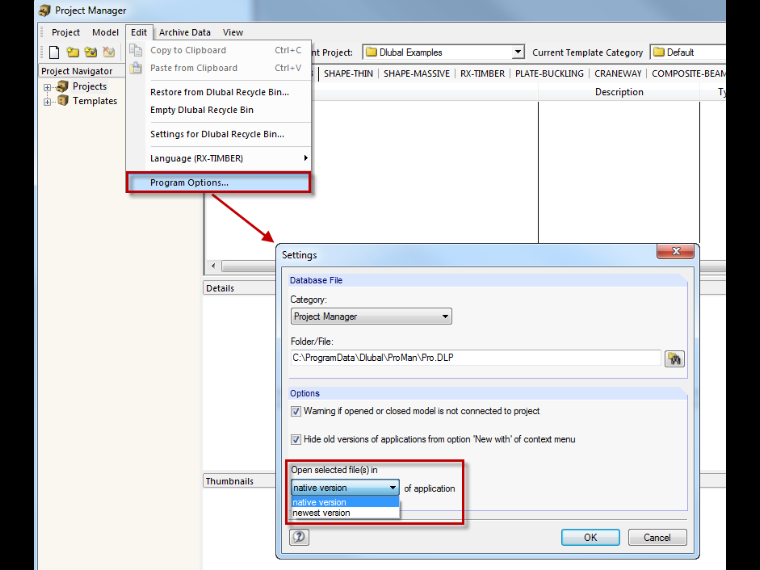 Festlegung des Standardprogramms im Projektmanager