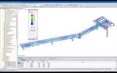 Model w RFEM pomostu dla mediów z wynikami obliczeń wykonanych w RF-STEEL EC3 (© Engineering Office Grassl GmbH)