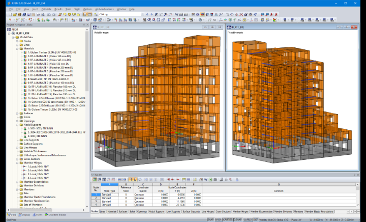 Różne widoki modelu budynku mieszkalnego w RFEM