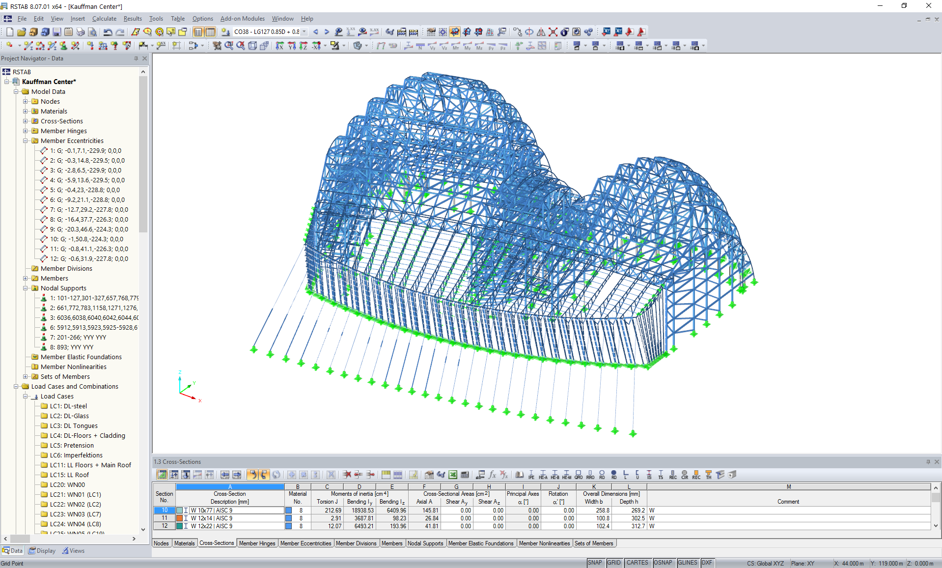 Model 3D stalowej konstrukcji wsporczej atrium w RSTAB (© www.novumstructures.com)