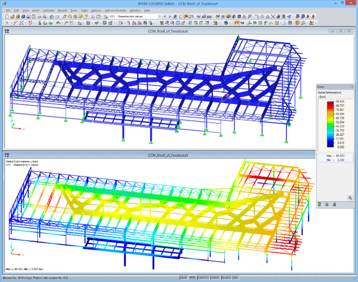 Model dachu food court w RFEM z wynikami odkształceń (© Obermeyer a.s.)