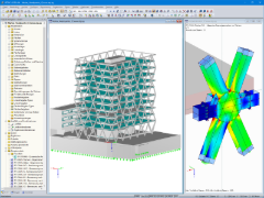 Model 3D siedziby Markas (po lewej) i analiza naprężeń węzła kratownicowego w RFEM (po prawej, © ATP)