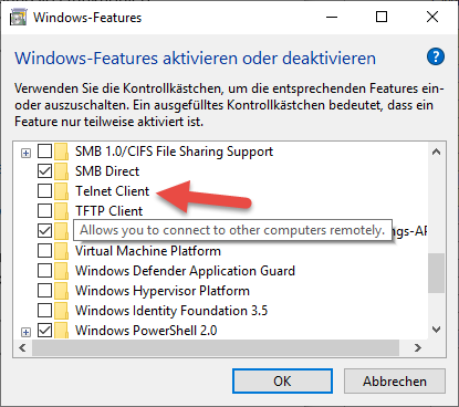 Aktywacja klienta Telnet w funkcjach systemu Windows