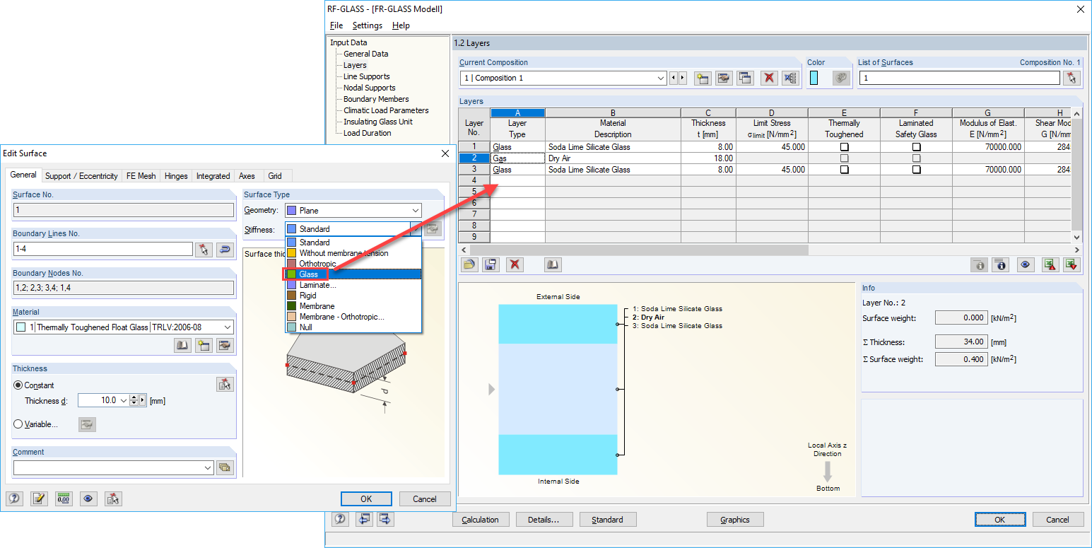 Typ powierzchni „Szklana” w RFEM i definiowanie konstrukcji warstwowej w RF-GLASS