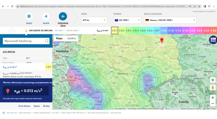 'Narzędzie do geolokalizacji: mapy stref śniegowych, wiatrowych i sejsmicznych' usługa online