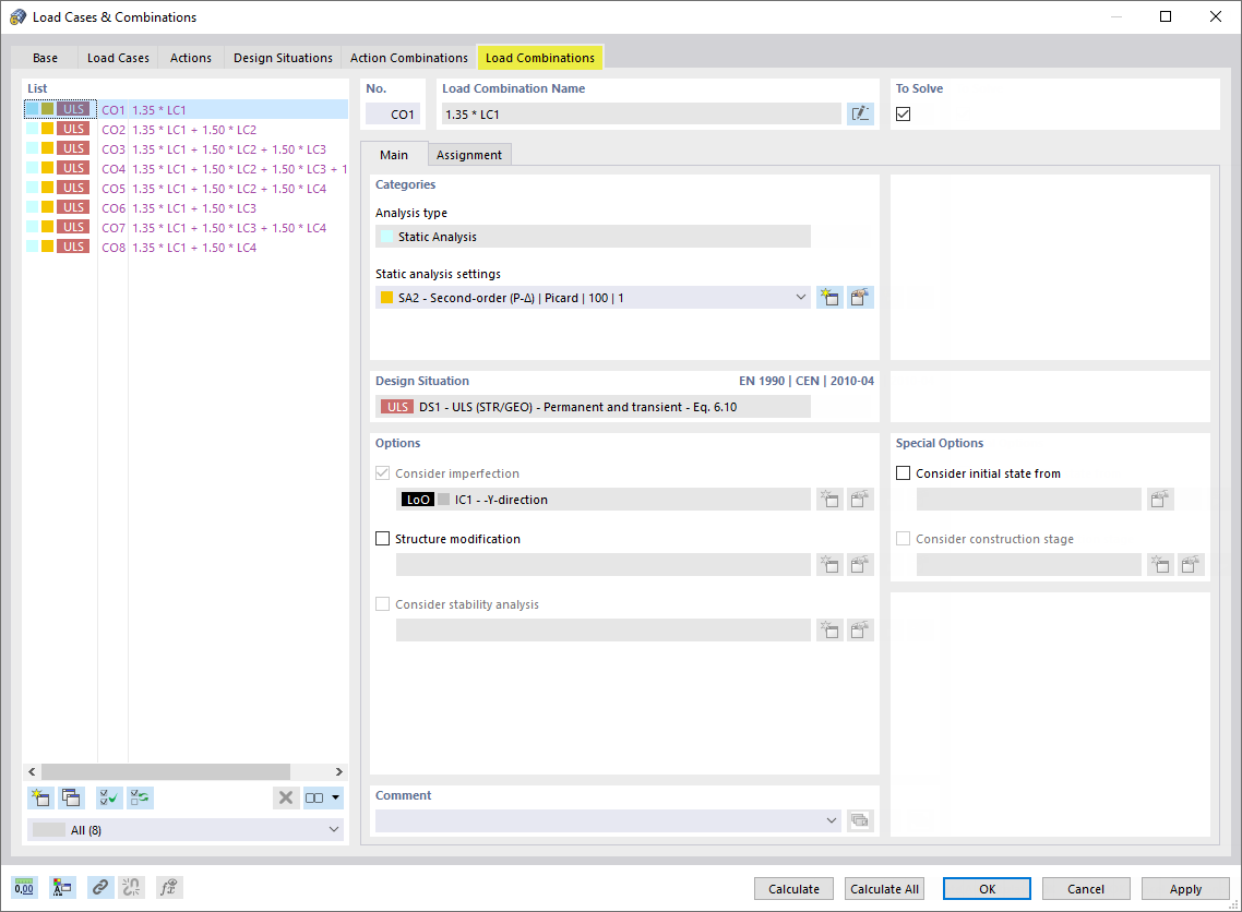 Zakładka "Kombinacje obciążeń"