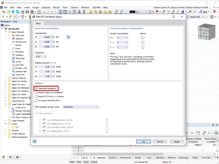 FAQ 005141 | Czy możliwe jest tworzenie prętów również podczas importu pliku DXF do programu RFEM?