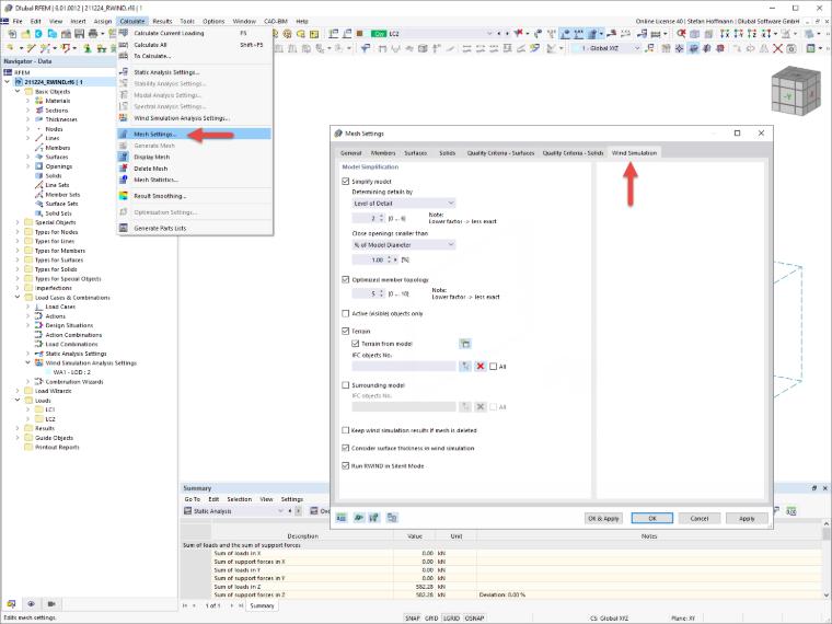 FAQ 005157 | Gdzie mogę dostosować ustawienia symulacji wiatru w programie RFEM 6/RSTAB 9?