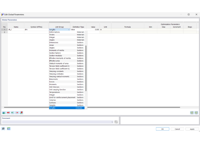 Okno Edycji parametrów globalnych