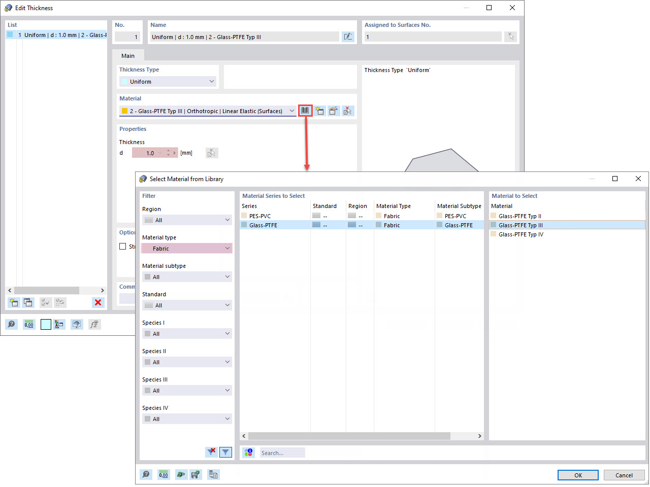 Edytuj grubość i wybierz materiał