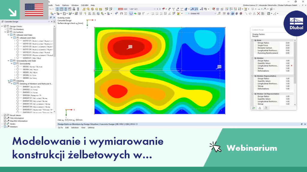 Presentation slide featuring strategies for modeling and designing reinforced concrete structures using RFEM 6 within a webinar setting.