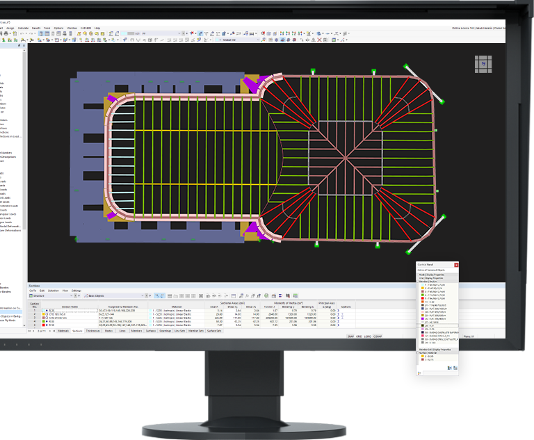 Przestrzeń robocza typu CAD z menu kontekstowym (prawy przycisk myszy) do szybkiego tworzenia obiektów konstrukcyjnych za pomocą interfejsów graficznych i tabelarycznych.