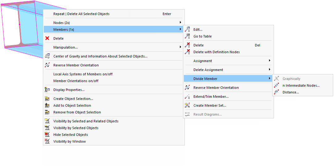 Dzielenie pręta za pomocą menu kontekstowego