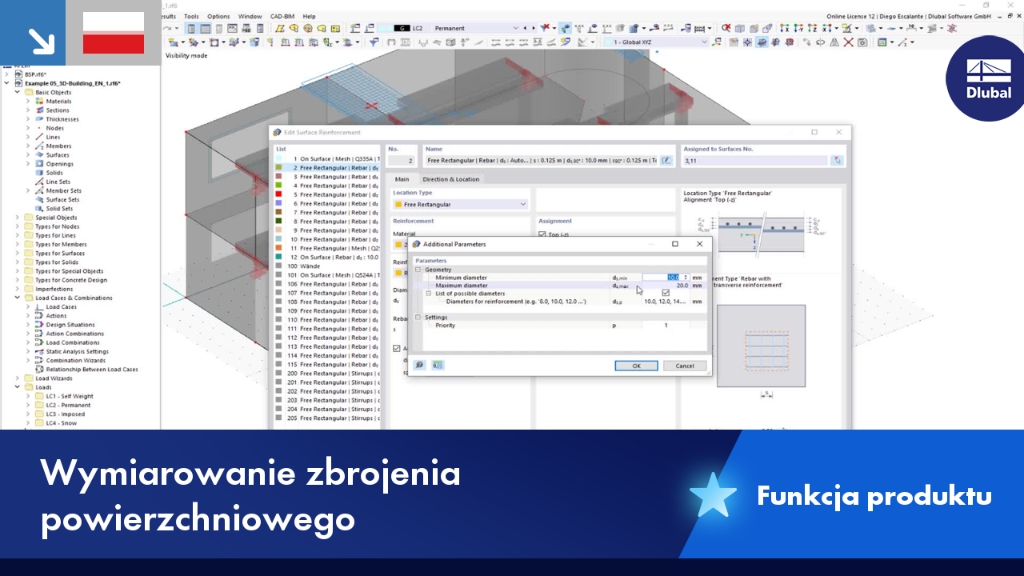 Darstellung der Auslegung von Flächenbewehrung in einem Bauprojekt. Nutzung einer spezifischen Technologiefunktion zur Optimierung der Bewehrungsverteilung bei Stahlbetonbauteilen.