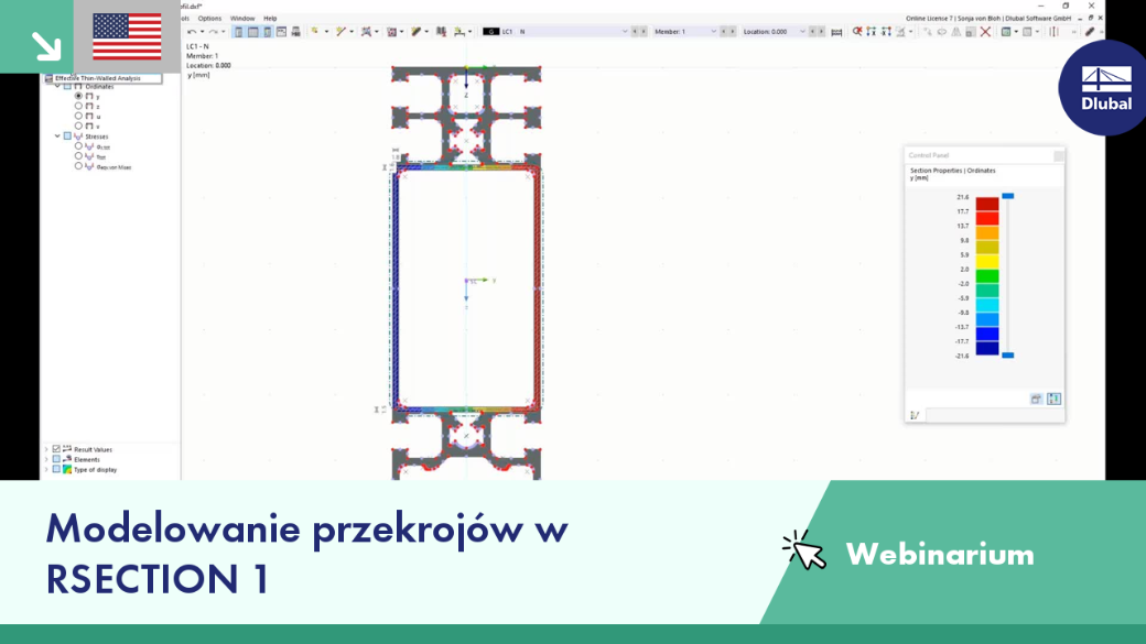 Widok 3D procesu modelowania przekroju w programie RSECTION 1 podczas webinarium, prezentujący analizę przekrojową