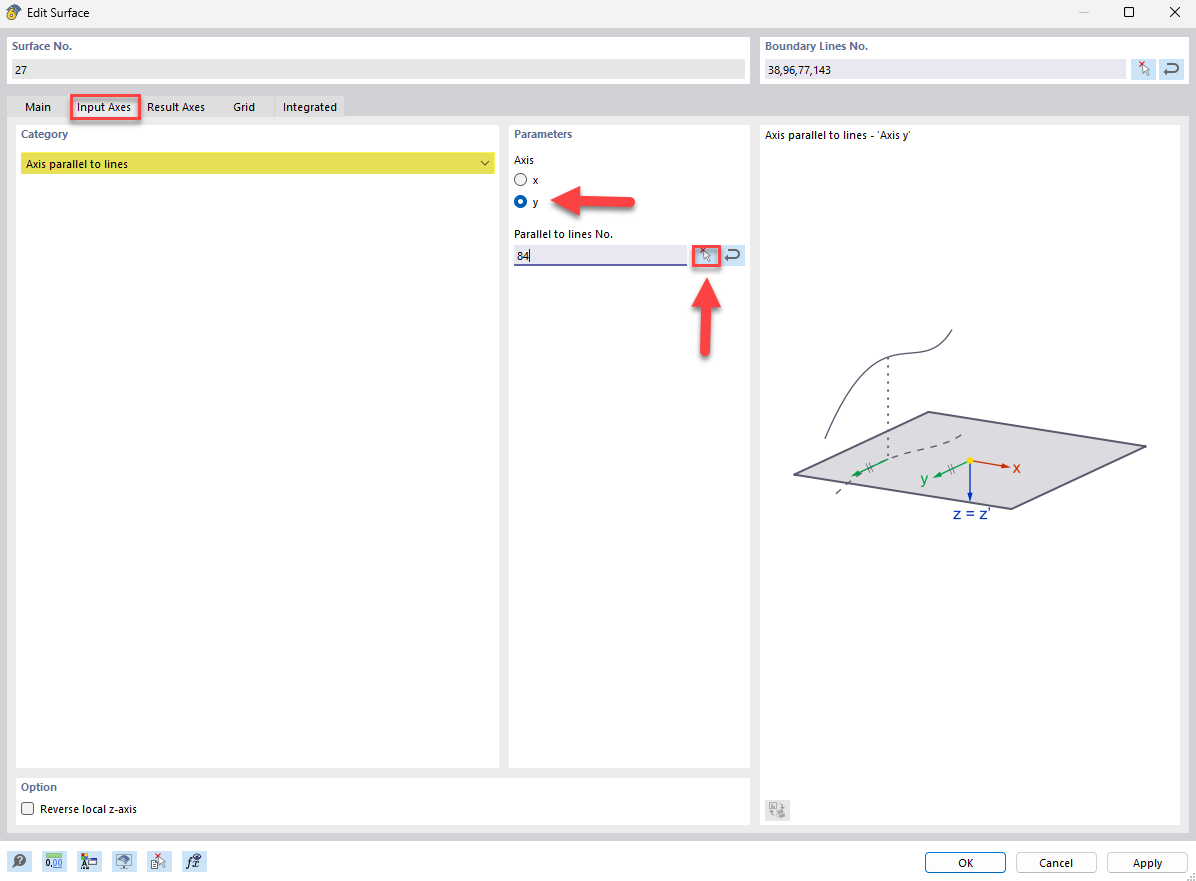 Szczegółowy widok osi wejściowych w trójwymiarowym modelu dla dokładnego planowania konstrukcji.