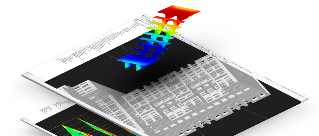 Rozszerzenie do programów RFEM i RSTAB umożliwia obliczanie prętów, zestawów prętów i powierzchni (tylko RFEM). Widok schodów ze środkowym dźwigarem i zintegrowanymi górnymi i dolnymi powierzchniami spoczników.