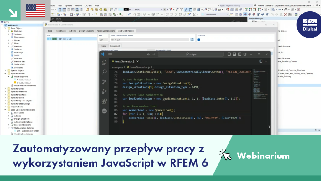 Ilustracja przedstawia zastosowanie zautomatyzowanego procesu przy użyciu JavaScript w RFEM 6. Pokaz zaawansowanych technik modelowania w środowisku webinarium.