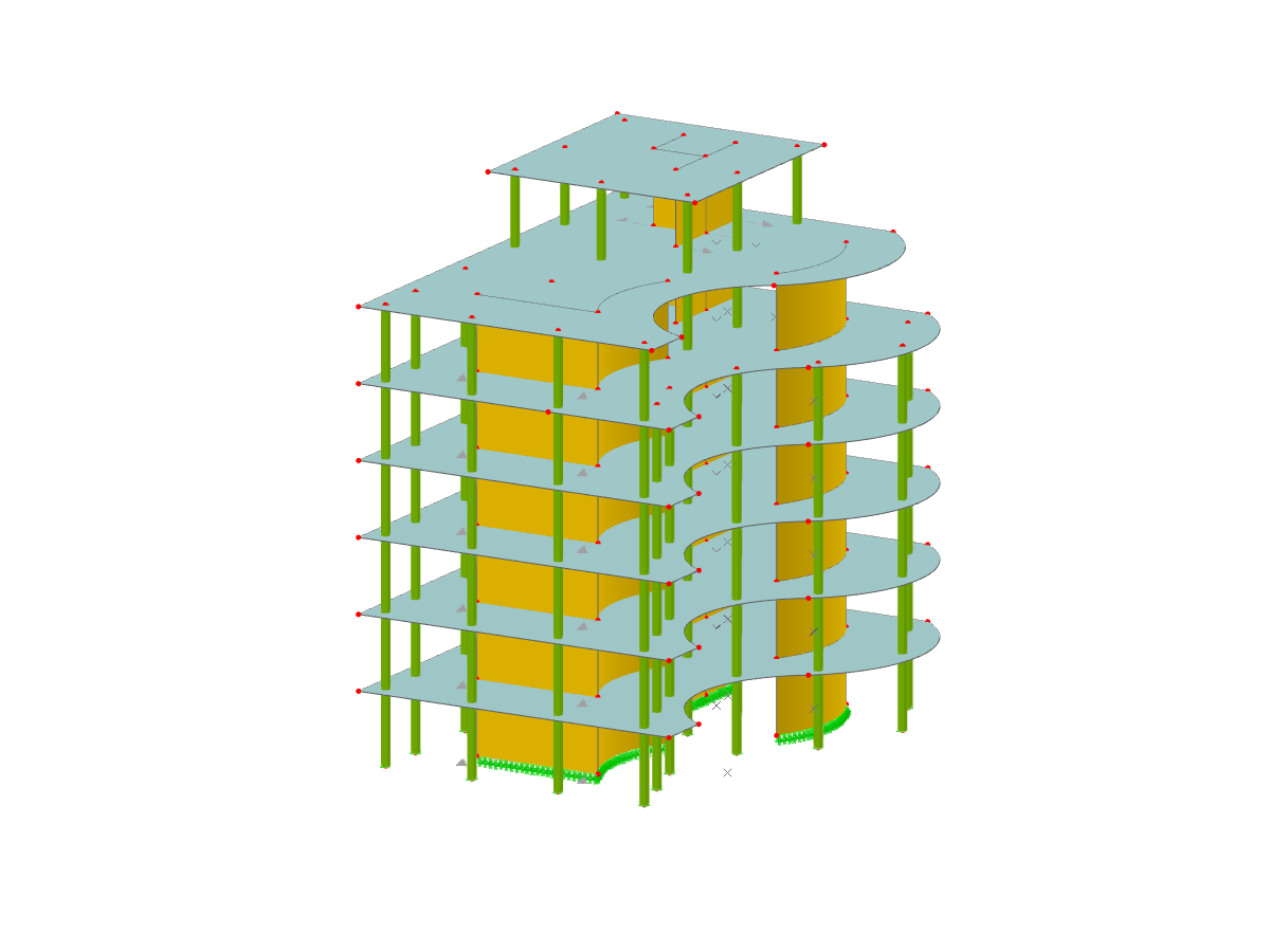 Model pięciokondygnacyjnego żelbetowego budynku w programie RFEM, przedstawiający konstrukcje.