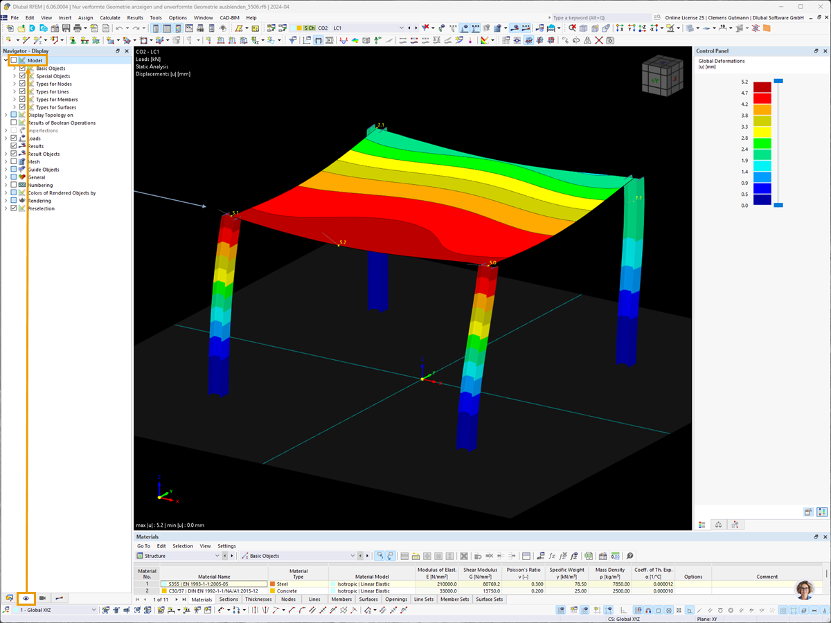 FAQ 005506 | Jak wyświetlić tylko odkształconą geometrię i ukryć nieodkształconą geometrię w programie RFEM 6/RSTAB 9?