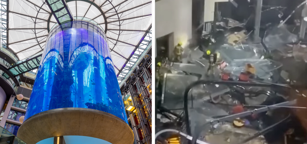 Aquadom w Berlinie przed katastrofą i po niej - lewe zdjęcie: Lefteris Papaulakis, prawe zdjęcie: Kanal13