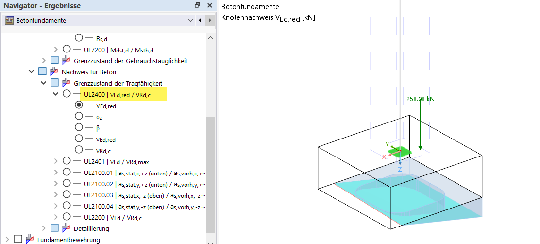 Graficzne przedstawienie fundamentów betonowych z wyjaśnieniem statycznym i analizą przekrojów.