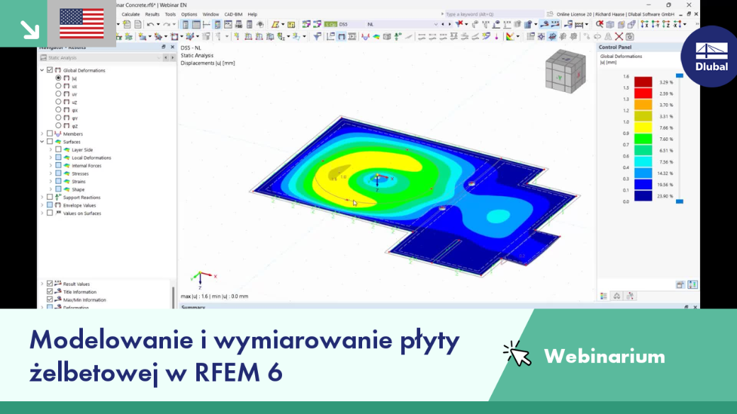 Slajd z webinarium promujący modelowanie i projektowanie płyt żelbetowych