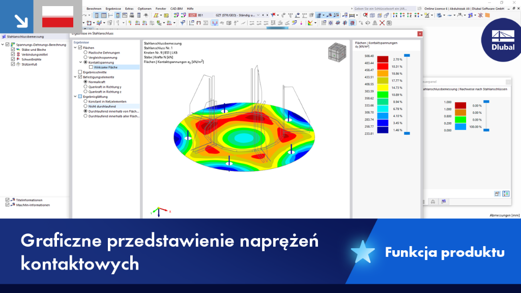 Obrazowanie naprężeń kontaktowych w konstrukcji, szczegółowo przedstawione za pomocą kolorowych gradientów.