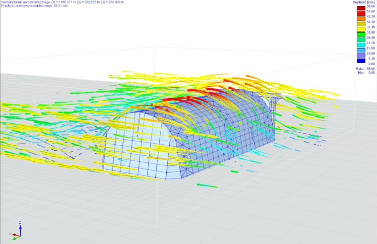 Wizualizacja odtwórczego projektu wojskowego hangaru dla sterowców z okresu I Wojny Światowej, wykonana w programach RFEM 6 i RSTAB 9.